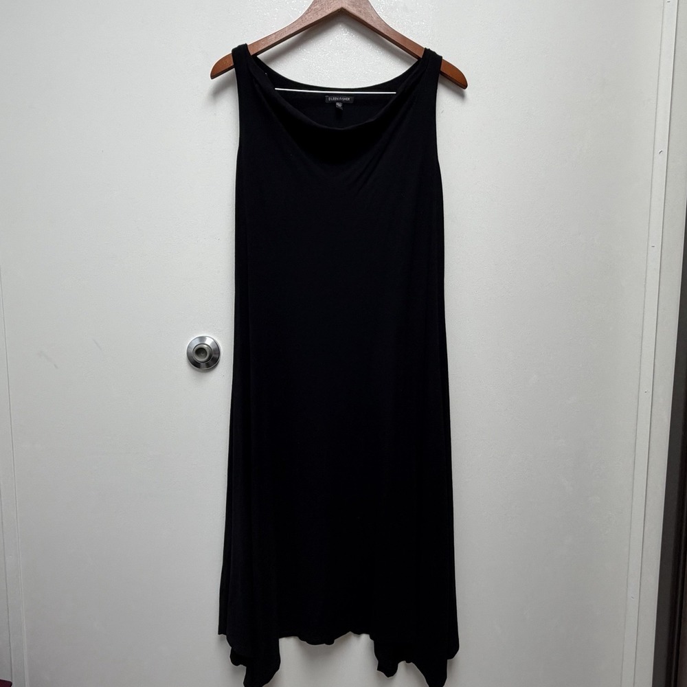 Eileen Fisher Black Knit Midi Tank Dress Lantern Scoop Neck XS Minimalist
